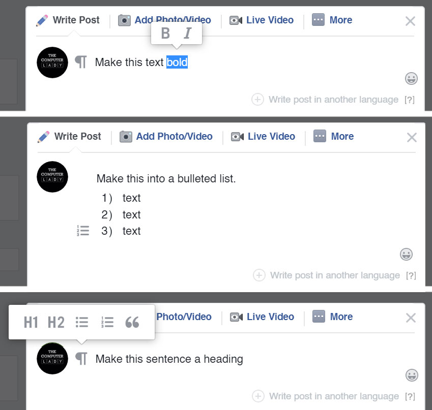 Facebook Font Formatting. Make words bold, italics, underlined. Use headings and bullets